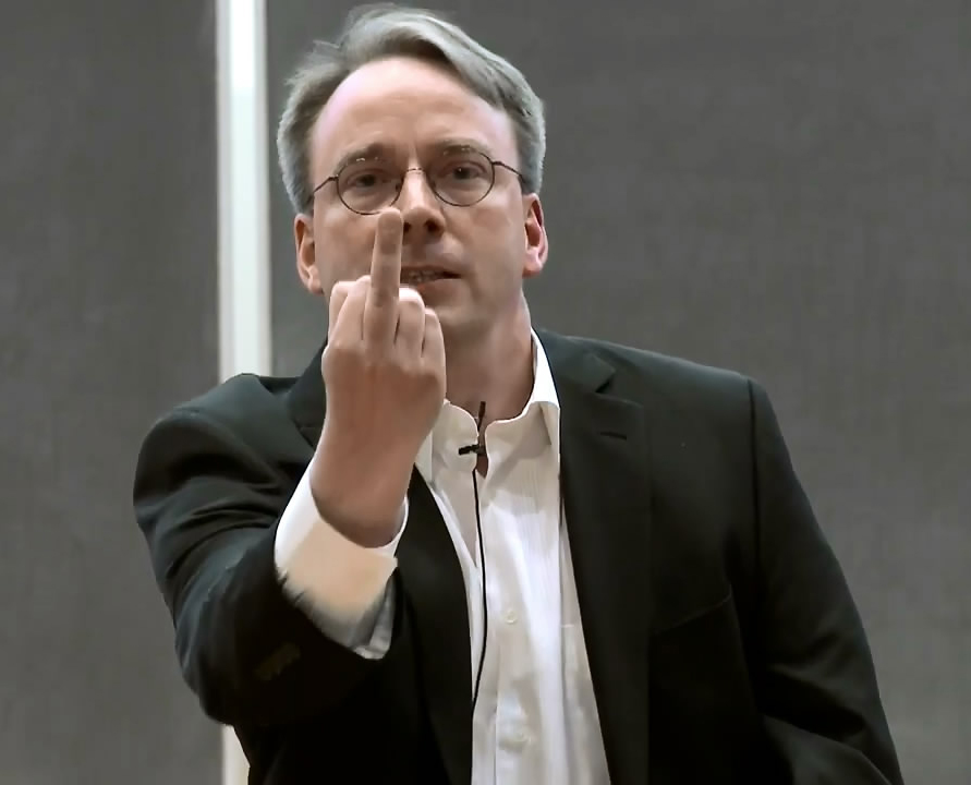 Linus Torvalds giving the middle finger